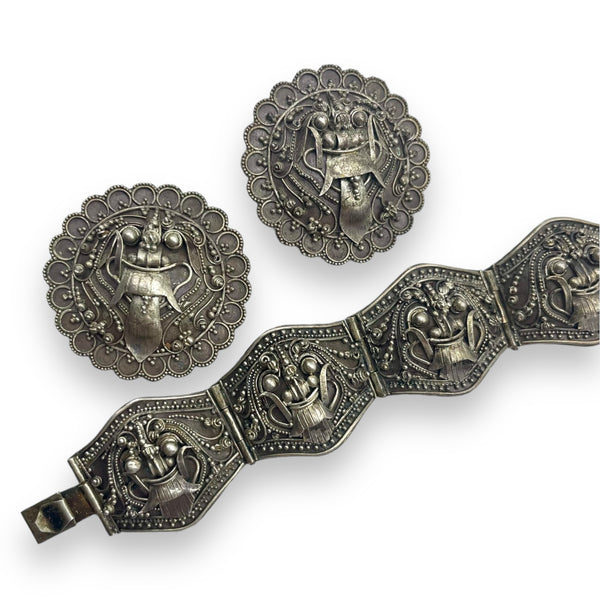 Vintage Balinese Silver Dragon Panel Bracelet & Earrings