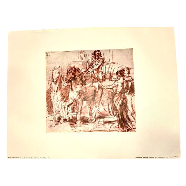 Ancient Chariot with a Pair of Horses and Several Female Figures by Hans Von Marées Vintage Offset Lithograph in Matte