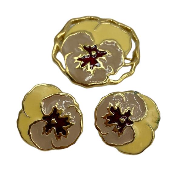 Vintage Avon Full Bloom Pansy Brooch + Earrings Set