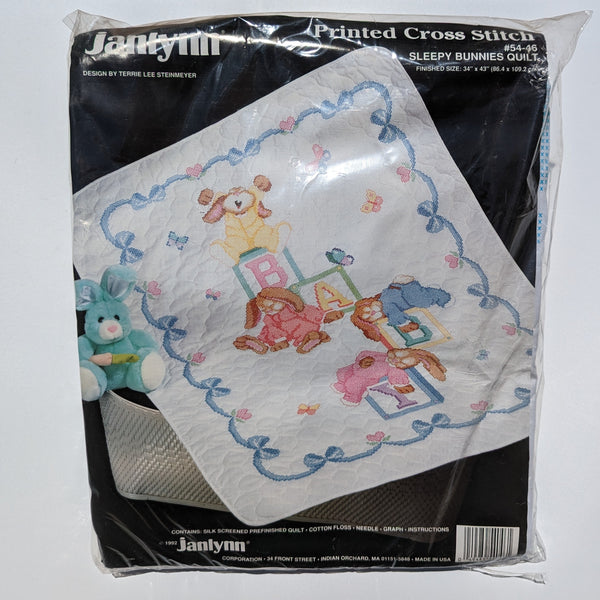 Vintage Cross-Stitch "Sleeping Bunnies" Quilted Crib Cover
